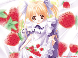 Rule 34 | apron, blonde hair, brown eyes, dress, food, fruit, long hair, non-web source, solo, strawberry, tinker bell (pixiv 10956015), twintails, wallpaper