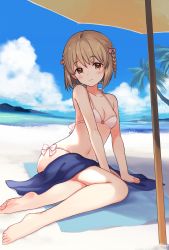 Rule 34 | 1girl, bare arms, bare legs, bare shoulders, barefoot, beach, bikini, blue sky, blue towel, blush, braid, breasts, brown hair, cloud, cloudy sky, collarbone, commentary request, day, dot nose, feet, hagiwara yukiho, hand on ground, idolmaster, idolmaster (classic), looking at viewer, mountain, navel, occhan (11715), ocean, on ground, outdoors, palm tree, red ribbon, ribbon, sand, shade, short hair, sitting, sky, small breasts, smile, solo, swimsuit, towel, tree, twin braids, water, white bikini, white ribbon