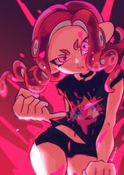 Rule 34 | 1girl, absurdres, aura, bike shorts, black shirt, clenched hand, commentary, gradient background, highres, looking at viewer, medium hair, navel, nintendo, octoling, octoling girl, octoling player character, payayo884, pink background, pink eyes, pink hair, print shirt, shirt, solo, splatoon (series), v-shaped eyebrows