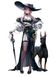 Rule 34 | 1girl, absurdres, animal, bare shoulders, black choker, black footwear, black hat, black shirt, black skirt, breasts, brown thighhighs, cane, choker, cleavage, colored inner hair, crop top, dog, epic seven, full body, garter straps, gloves, hand on own hip, hat, highres, holding, holding cane, jacket, large breasts, leash, lilias (epic seven), long hair, long skirt, long sleeves, looking at viewer, midriff, multicolored hair, off shoulder, open clothes, open jacket, panty straps, pink eyes, pink hair, puffy sleeves, revision, rottweiler, shirt, shoes, side slit, skirt, sleeveless, sleeveless shirt, solo, standing, sun hat, thighhighs, thighs, white gloves, white jacket, yuna (deadawon)