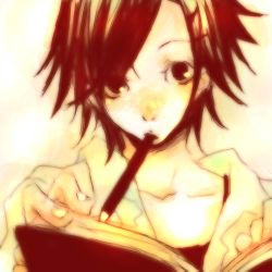 Rule 34 | 1girl, lowres, monochrome, mouth hold, notebook, original, pen, solo, yellow theme