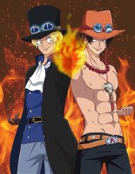 Rule 34 | 2boys, brothers, fire, freckles, hat, multiple boys, one piece, portgas d. ace, sabo (one piece), scar, siblings