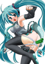 Rule 34 | 1girl, ass, breasts, covered erect nipples, female focus, hatsune miku, huge breasts, jinno kei, large breasts, long hair, panties, panty pull, solo, spring onion, thighhighs, twintails, underwear, very long hair, vocaloid