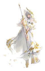 Rule 34 | 1girl, absurdres, closed mouth, detached sleeves, dress, full body, gloves, grey hair, highres, holding, holding sword, holding weapon, huge weapon, hugging object, looking at viewer, mokagu, original, short hair, simple background, solo, standing, sword, weapon, white background, white dress, white gloves, white headwear, yellow eyes