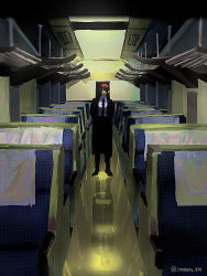 Rule 34 | 1girl, aircraft, airplane, airplane interior, arms behind back, asagi (0w0), black coat, black footwear, black necktie, black pants, chainsaw man, chair, coat, collared shirt, covered eyes, long sleeves, looking at viewer, makima (chainsaw man), necktie, no eyes, pants, red hair, shirt, sidelocks, sinister, smile, solo, standing, white shirt
