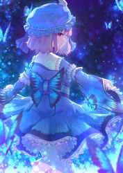 Rule 34 | 1girl, blue hat, blue kimono, blue sash, bug, butterfly, cowboy shot, from behind, hat, highres, insect, japanese clothes, kimono, kiramarukou, light particles, long sleeves, looking at viewer, looking back, mob cap, pink hair, saigyouji yuyuko, sash, short hair, smile, solo, standing, touhou, wide sleeves
