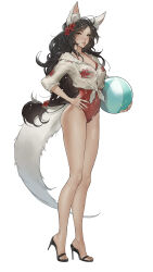 Rule 34 | 1girl, absurdres, ahri (league of legends), animal ears, ball, beachball, black hair, breasts, brown eyes, cleavage, commentary, dialxu, english commentary, feet, floral print, flower, fox ears, hair flower, hair ornament, hand on own hip, high heels, highres, holding, holding ball, league of legends, legs, long hair, low-tied long hair, medium breasts, one-piece swimsuit, parted lips, red flower, red one-piece swimsuit, sandals, solo, swimsuit, tail, toenails, toes, very long hair, white background
