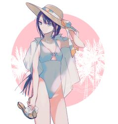 Rule 34 | 1girl, adjusting clothes, adjusting headwear, alternate costume, arm up, blue hair, breasts, closed mouth, cowboy shot, dark blue hair, fate/grand order, fate (series), green eyes, hat, highleg, highleg swimsuit, holding, holding clothes, holding footwear, jing ke (fate), katagiri (mighty swing), long hair, one-piece swimsuit, shirt, shirt on shoulders, simple background, small breasts, solo, sun hat, swimsuit, white shirt, white swimsuit