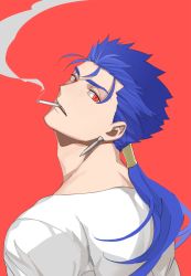 Rule 34 | 1boy, blue hair, casual, cigarette, cropped shoulders, cu chulainn (fate), cu chulainn (fate/stay night), earrings, emya, fate/grand order, fate/stay night, fate (series), head tilt, jewelry, long hair, male focus, muscular, ponytail, red background, red eyes, shirt, simple background, smoking, solo, white shirt