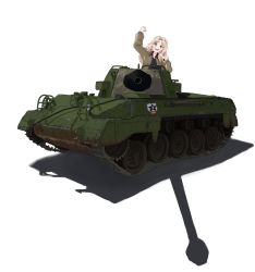 Rule 34 | 1girl, blonde hair, blue eyes, commission, emblem, girls und panzer, highres, kay (girls und panzer), looking at viewer, m18 hellcat, military, military vehicle, motor vehicle, pokoooo (fartsonist), saunders (emblem), shadow, simple background, solo, tank, tank destroyer, white background