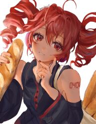 1girl ahoge artist_name baguette bare_shoulders black_shirt black_sleeves bread detached_sleeves drill_hair food hair_between_eyes highres holding holding_food kasane_teto looking_at_viewer nail_polish red_eyes red_hair red_nails red_trim shirt sleeveless sleeveless_shirt smile srawbery5 twin_drills utau