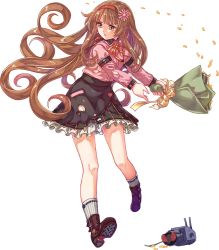 Rule 34 | 1girl, acea4, black skirt, blunt bangs, boots, bouquet, brown footwear, brown hair, creature, flower, full body, green eyes, hair flower, hair ornament, helena (kancolle), kantai collection, kneehighs, long hair, long sleeves, looking at viewer, looking to the side, official art, pink shirt, shirt, skirt, smile, socks, standing, swinging, third-party source, transparent background, very long hair, white socks