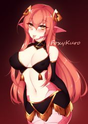 Rule 34 | 1girl, artist name, bare shoulders, blush, breasts, bridal gauntlets, cleavage, covered erect nipples, detached sleeves, forked tongue, foxykuro, hair between eyes, hair ornament, hairclip, lamia, large breasts, long hair, long tongue, looking at viewer, midriff, miia (monster musume), monster girl, monster musume no iru nichijou, navel, pointy ears, red hair, simple background, skirt, slit pupils, solo, tail, tongue, tongue out, yellow eyes