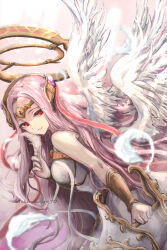 Rule 34 | 1girl, angel, angel wings, archangel gabriel (guardian tales), feathers, guardian tales, highres, pink hair, red eyes, solo, takenokojro, wings