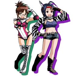 Rule 34 | 2girls, ahoge, akizuki ritsuko, animal print, black hair, boots, braid, breasts, brown eyes, brown hair, cleavage, company connection, cosplay, crop top, cross-laced footwear, detached sleeves, elbow gloves, elbow pads, feather hair ornament, feathers, fingerless gloves, glasses, gloves, hair ornament, hand on own hip, headband, highres, idolmaster, idolmaster (classic), jaycee, jaycee (cosplay), jaycee (tekken), julia chang, julia chang (cosplay), knee boots, kohinata miho, lace-up boots, large breasts, leotard, michelle chang, michelle chang (cosplay), microsoft paint (medium), midriff, miura azusa, mspaint, multiple girls, namco, navel, semi-rimless eyewear, shirt, short shorts, shorts, sideboob, tank top, taut clothes, taut shirt, tekken, tekken tag tournament 2, thigh boots, thighhighs, tomonotomono, under-rim eyewear, updo, wrestling outfit, zebra print