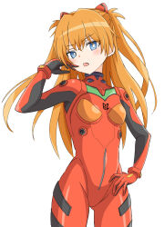 Rule 34 | 1girl, blonde hair, blue eyes, bodysuit, breasts, highres, looking at viewer, neon genesis evangelion, red bodysuit, simple background, small breasts, souryuu asuka langley, thighs, toushirou (sugarwhite1046), twintails, white background