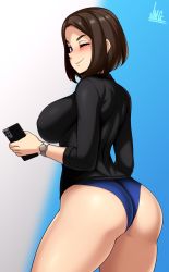 Rule 34 | 1girl, absurdres, ass, black shirt, blue background, blue eyes, blue nails, blue panties, blue pants, blush, breasts, brown hair, closed mouth, commentary, denim, freckles, from behind, highres, holding, holding phone, jmg, looking at viewer, mole, mole under eye, nail polish, no pants, one eye closed, panties, pants, phone, samsung, samsung sam, shirt, short hair, sideboob, smile, solo, two-tone background, underwear, white background