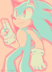 Rule 34 | 1boy, animal ears, artist name, blue eyes, blue hair, fingerless gloves, furry, furry male, gloves, grin, hand up, happy, heart, long hair, looking up, male focus, orange background, outline, red outline, simple background, smile, solo, sonic (series), sonic the hedgehog, spacecolonie, standing, tail, teeth, tumblr username, white gloves