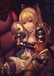 Rule 34 | 10s, 1girl, absurdres, armor, artist name, black bow, blonde hair, blush, bow, breasts, brown eyes, chyffon, cleavage, granblue fantasy, hair bow, highres, katalina (granblue fantasy), large breasts, looking at viewer, parted lips, ponytail, smile, solo, teeth, vira (granblue fantasy)