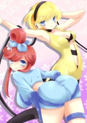 Rule 34 | 10s, 2girls, alternate hairstyle, ass, bent over, blonde hair, blue eyes, breasts, cleavage, creatures (company), elesa (pokemon), game freak, gym leader, halterneck, headphones, image sample, large breasts, lilita (lilichi), long hair, multiple girls, navel, nintendo, open clothes, open shirt, pixiv sample, pokemon, pokemon bw, red hair, resized, shirt, short hair, skyla (pokemon), smile