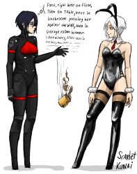 Rule 34 | 2girls, android, animal ears, ariane yeong, artist request, black hair, blue eyes, boots, cyberpunk, detached collar, elster (signalis), highres, joints, leotard, metal skin, multiple girls, necktie, playboy bunny, rabbit ears, red eyes, robot girl, robot joints, short hair, short necktie, signalis, smile, thigh boots, thighhighs, thighhighs under boots, white hair, yuri