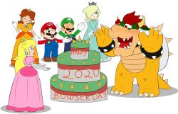 Rule 34 | 1other, 2020, 2boys, 3girls, banga, blonde hair, blue dress, blue eyes, bowser, breasts, brown hair, cake, claws, crown, dress, earrings, facial hair, flower earrings, food, gloves, grin, hair over one eye, hat, highres, horns, jewelry, luigi, mario, mario (series), multiple boys, multiple girls, mustache, nintendo, open mouth, orange dress, pink dress, princess daisy, princess peach, red eyes, red hair, rosalina, shell, smile, spikes, standing, super mario bros. 1, super mario galaxy, super mario land, tail