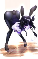 Rule 34 | 1girl, abyssal ship, animal ears, ass, black hair, black pantyhose, blush, breasts, closed mouth, detached collar, fake animal ears, fake tail, full body, hair between eyes, high heels, highres, kantai collection, leotard, light cruiser princess, long hair, looking at viewer, mask, mochitsuki (mo chooon), pale skin, pantyhose, playboy bunny, rabbit ears, rabbit tail, small breasts, smile, solo, standing, tail
