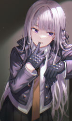 Rule 34 | 1girl, absurdres, black gloves, black jacket, black ribbon, black skirt, braid, commentary request, cowboy shot, danganronpa: trigger happy havoc, danganronpa (series), glove in mouth, gloves, hair ribbon, hand up, highres, huge filesize, jacket, kirigiri kyoko, light particles, long hair, long sleeves, mouth hold, mouth pull, necktie, open clothes, open jacket, parted lips, pleated skirt, purple eyes, purple hair, ribbon, shirt, side braid, single braid, skirt, solo, tokkyu, white shirt