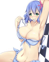 Rule 34 | 10s, 1girl, alternate breast size, amagi brilliant park, arm up, armpits, bad id, bad pixiv id, bikini, blue bikini, blue hair, blush, breasts, cleavage, female focus, green eyes, groin, highres, large breasts, looking at viewer, mouth hold, muse (amaburi), navel, short hair, smile, solo, sweat, swimsuit, thighs, wangphing