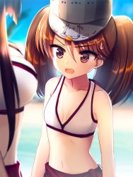 Rule 34 | 10s, 2girls, alternate costume, arms at sides, bad id, bad pixiv id, bare shoulders, beach, blunt bangs, breast envy, breasts, brown eyes, brown hair, cleavage, collarbone, day, eyebrows, fang, hair between eyes, height difference, kantai collection, large breasts, long hair, looking at another, looking at breasts, meaomao, midriff, multiple girls, navel, open mouth, outdoors, ryuujou (kancolle), sidelocks, sky, small breasts, solo focus, sweatdrop, tongue, twintails, upper body, visor cap, water, yamato (kancolle)