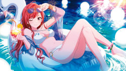 Rule 34 | 1girl, ;), ahoge, anklet, arisugawa natsuha, arm up, ass, barefoot, bikini, black eyes, bracelet, breasts, criss-cross halter, cropped, drink, earrings, eyewear on head, glint, halterneck, highres, idolmaster, idolmaster shiny colors, inflatable raft, jewelry, crossed legs, long hair, looking at viewer, medium breasts, navel, non-web source, o-ring, o-ring bottom, official art, one eye closed, outdoors, reclining, red hair, smile, soaking feet, solo, sparkle, sunglasses, swimsuit, tomari (veryberry00), water, white bikini