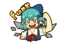 Rule 34 | 1girl, aqua hair, blue bow, blue dress, blush stickers, bow, bowtie, character doll, cirno, collared shirt, commentary, cropped torso, detached wings, dress, english commentary, english text, ezier, fumo (doll), hair bow, highres, looking at viewer, medium hair, open mouth, pinafore dress, puffy short sleeves, puffy sleeves, red bow, red bowtie, shirt, short sleeves, simple background, sleeveless dress, solo, teeth, touhou, upper body, upper teeth only, white background, white shirt, wings