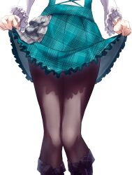 Rule 34 | 1girl, black footwear, black pantyhose, boots, cgator, commentary, dress, english commentary, green dress, highres, knees together feet apart, lower body, nijisanji, nijisanji en, official alternate costume, pantyhose, pomu rainpuff, pomu rainpuff (4th costume), shirt, shirt under dress, simple background, skirt hold, solo, standing, virtual youtuber, white background, white shirt