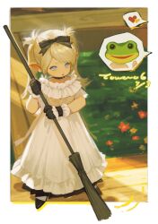 Rule 34 | 1girl, absurdres, black choker, black footwear, black gloves, black ribbon, blonde hair, blue eyes, broom, choker, dress, earrings, final fantasy, final fantasy xiv, flower, frog mask, full body, gloves, grass, hair ribbon, heart, highres, holding, holding broom, jewelry, lalafell, long hair, looking at another, maid, pointy ears, ribbon, signature, solo, speech bubble, sunlight, towero6, twintails, two-tone wristband, white dress, wooden floor, wristband