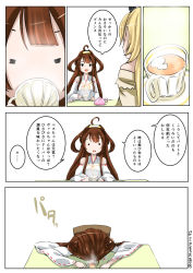 Rule 34 | 10s, 2girls, ahoge, august vaella, bad id, bad pixiv id, bare shoulders, blonde hair, brown hair, comic, crown, cup, detached sleeves, double bun, female focus, hair bun, hairband, headgear, highres, japanese clothes, kantai collection, kongou (kancolle), long hair, mini crown, multiple girls, nontraditional miko, teacup, translation request, upper body, warspite (kancolle), white background
