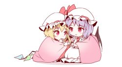 Rule 34 | 2girls, ascot, bat wings, blonde hair, blush, chibi, closed mouth, crystal, dress, flandre scarlet, full body, hat, hat ribbon, looking at another, minust, mob cap, multiple girls, purple hair, red eyes, remilia scarlet, ribbon, shared blanket, short hair, siblings, sisters, slit pupils, smile, touhou, wings, wrist cuffs
