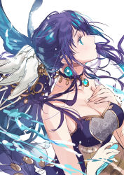 Rule 34 | 1girl, aqua eyes, bare shoulders, blush, breasts, cleavage, closed mouth, collarbone, fly (marguerite), from side, hair ornament, hand on own chest, holding, large breasts, long hair, looking up, ningyo hime (sinoalice), purple hair, simple background, sinoalice, sketch, solo, upper body, white background