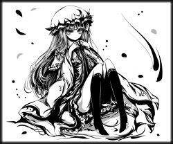 Rule 34 | 1girl, acryl, bow, crescent, female focus, frills, greyscale, hair bow, hat, highres, long hair, monochrome, patchouli knowledge, sitting, solo, touhou