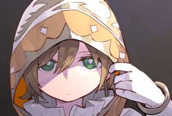 Rule 34 | 1girl, bangle, bracelet, bright pupils, closed mouth, commentary request, daiba nana, expressionless, frilled shirt collar, frills, gloves, goe (g-o-e), gradient background, green eyes, grey background, hair between eyes, highres, hood, hood up, jewelry, light brown hair, looking at viewer, official alternate costume, portrait, short hair, shoujo kageki revue starlight, shoujo kageki revue starlight -re live-, solo, white gloves, white pupils