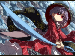 Rule 34 | 1girl, ahoge, bowl, bowl hat, closed mouth, cloud, dutch angle, floating rock, frills, hat, holding, japanese clothes, kimono, long sleeves, needle, purple hair, red eyes, short hair, solo, sukuna shinmyoumaru, sunrise stance, syope, touhou