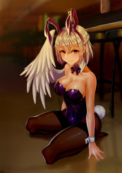 Rule 34 | 1girl, absurdres, alternate costume, animal ears, bare arms, bare shoulders, blurry, blurry background, blush, bow, bowtie, braid, breasts, brown pantyhose, c.rabbit, chair, cleavage, collarbone, commentary, covered navel, detached collar, fake animal ears, fake tail, feathered wings, french braid, hair between eyes, hairband, highres, indoors, kishin sagume, large breasts, leotard, lips, looking at viewer, no shoes, pantyhose, playboy bunny, purple bow, purple bowtie, purple hairband, rabbit ears, rabbit tail, red eyes, reflection, seiza, shiny clothes, shiny skin, short hair, silver hair, single wing, sitting, smile, solo, tail, thighband pantyhose, touhou, white wings, wing collar, wings