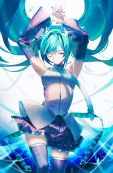 Rule 34 | 1girl, agyou sonokou l, aqua butterfly, aqua hair, aqua nails, aqua necktie, armpits, arms up, backlighting, bare shoulders, belt, black skirt, black sleeves, black thighhighs, blue butterfly, blue eyes, blue theme, breasts, bug, butterfly, closed mouth, clothes lift, collared shirt, colored eyelashes, contrapposto, cowboy shot, detached sleeves, diffraction spikes, facing viewer, fingernails, glint, green butterfly, grey shirt, hatsune miku, highres, insect, light particles, light smile, long hair, loose belt, medium breasts, nail polish, narrow waist, necktie, own hands together, pleated skirt, shirt, signature, simple background, skindentation, skirt, skirt lift, sleeveless, solo, thighhighs, thighs, tie clip, tight clothes, tight shirt, tsurime, twintails, very long hair, vocaloid, white background, white butterfly, wide sleeves, zettai ryouiki