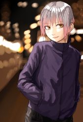 Rule 34 | 1girl, black shirt, blurry, blurry background, brown background, brown eyes, closed mouth, cowboy shot, depth of field, grey hair, highres, jacket, kilye kairi, long sleeves, looking at viewer, multicolored hair, original, outdoors, pink hair, purple jacket, scar on mouth, shirt, short hair, smile, solo, standing, two-tone hair