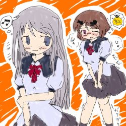 Rule 34 | 2girls, black legwear, black skirt, blue eyes, blue shirt, blush, bow, bowtie, breasts, breath, brown hair, closed mouth, embarrassed, female focus, grey hair, hair ornament, hairclip, hand up, happy, japanese text, jirene, long hair, looking at another, looking back, miniskirt, multiple girls, musical note, nose blush, one eye closed, open mouth, orange background, original, outline, puffy short sleeves, puffy sleeves, purple eyes, red neckwear, school uniform, shirt, short hair, short sleeves, simple background, sketch, skirt, small breasts, smile, socks, standing, sweat, tears, thought bubble, translation request, trembling, urine meter, v arms, white outline