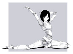 Rule 34 | 1girl, android, arms up, black eyes, border, closed mouth, female focus, flexible, full body, grey background, greyscale, highres, joints, looking at viewer, monochrome, nose, nude, original, outside border, robot joints, shadow, short hair, simple background, smile, solo, sukabu, swept bangs, tareme, white border