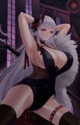 Rule 34 | 1girl, absurdres, armpits, arms behind head, azur lane, black dress, black thighhighs, blush, breasts, cleavage, closed mouth, demon horns, dress, feather boa, highres, horns, huge breasts, kneeling, long hair, looking at viewer, official alternate costume, presenting armpit, purple eyes, smile, solo, syu.mu, thighhighs, thighs, white hair, yorck (azur lane), yorck (breaker under the blood moon) (azur lane)
