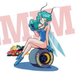 Rule 34 | 1990s (style), 1girl, antenna hair, aqua hair, blue footwear, blue gloves, blue leotard, fairy, fairy wings, gloves, hikaru (parodius), leotard, long hair, looking at viewer, lowres, non-web source, official art, one eye closed, parodius, pointy ears, retro artstyle, sitting, smile, solo, wheel, white background, wings