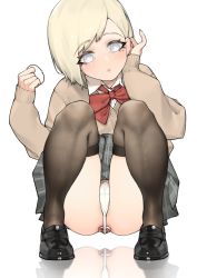 Rule 34 | 1girl, absurdres, adjusting hair, anal, anal object insertion, beige sweater, black footwear, black thighhighs, blonde hair, butt plug, collared shirt, commentary request, dress shirt, full body, grey eyes, highres, hyouuma, jewel butt plug, knees up, long sleeves, looking at viewer, neckerchief, object insertion, original, panties, parted lips, plaid, plaid skirt, pleated skirt, red neckerchief, reflection, school uniform, sex toy, shirt, short hair, simple background, skirt, sleeved gloves, solo, squatting, star (symbol), thighhighs, thong, underwear, uniform, white background, white panties, white shirt