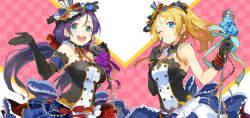 Rule 34 | 10s, 2girls, asymmetric gloves, asymmetrical gloves, ayase eli, black gloves, blonde hair, blue eyes, breasts, cafe maid (love live!), elbow gloves, finger to mouth, gloves, green eyes, hair ornament, hat, idol, long hair, love live!, love live! school idol festival, love live! school idol project, low twintails, microphone, microphone stand, mini hat, mini top hat, multiple girls, one eye closed, open mouth, ponytail, purple hair, shirabi, skirt, smile, top hat, tojo nozomi, treble clef, twintails, uneven gloves, upper body
