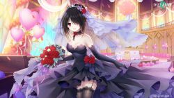 Rule 34 | 1girl, black dress, black gloves, black hair, black legwear, blush, bouquet, breasts, bridal veil, cleavage, date a live, date a live: spirit pledge, dress, elbow gloves, flower, gloves, heterochromia, highres, holding, holding bouquet, indoors, long dress, looking at viewer, official art, open mouth, red eyes, red flower, smile, solo, tokisaki kurumi, veil, wedding dress, yellow eyes